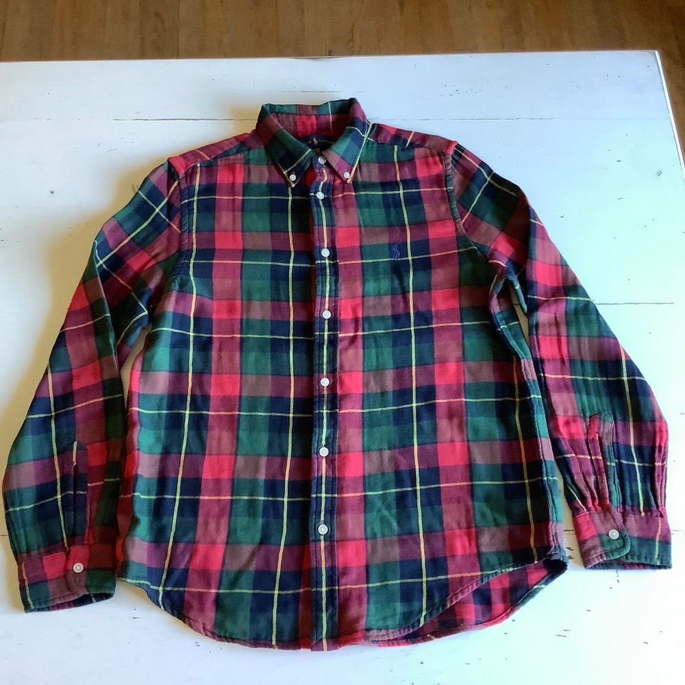 Ralph Lauren red green plaid 100% woven cotton button down shirt XL 18 20